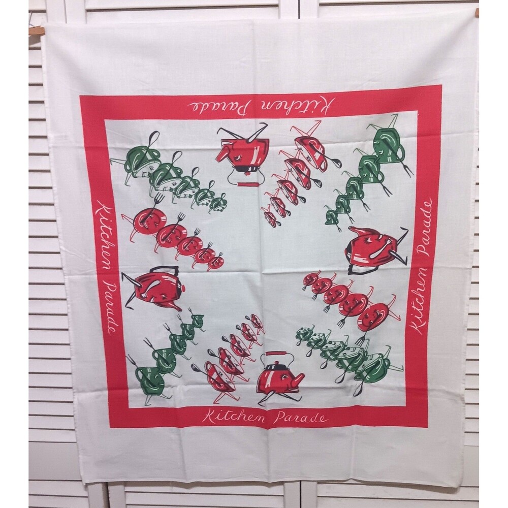 Vintage Startex Kitchen Parade Tea Towel 1950s Anthropomorphic Pots Pans Teapots